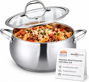 American Dream Stainless Steel 4 QT Casserole with Tempered Glass Lid, Durable Cooking & Serving Pot, Food Storage Container for Kitchen, Home & Dining