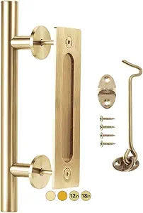 Rio Salto 12-Inch Gold Barn Door Handle Kit with Latch Lock Set Closet Brass Finish Pull Handle Flush Handles Hardware Large Sliding Door Handles 1-Door (Light Gold - 1Pack w/Lock)