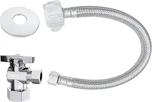 VINTEX Toilet Connector Plumbing kitComplete Toilet Set Valve with 12" Long Stainless Steel Toilet Connector Hose1/2 inch NOM Inlet x 3/8 inch OD Compression Outlet Angle Shut Off+Escutcheon Plate