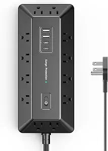 T-Shaped Anti-Clash Surge Protector Power Strip, 12 AC + 4 USB Ports (2 USB-C PD 20W), Flat Plug 6FT Extension Cord, 1800J, Built-in Device Stand for Home Office Gaming Dorm