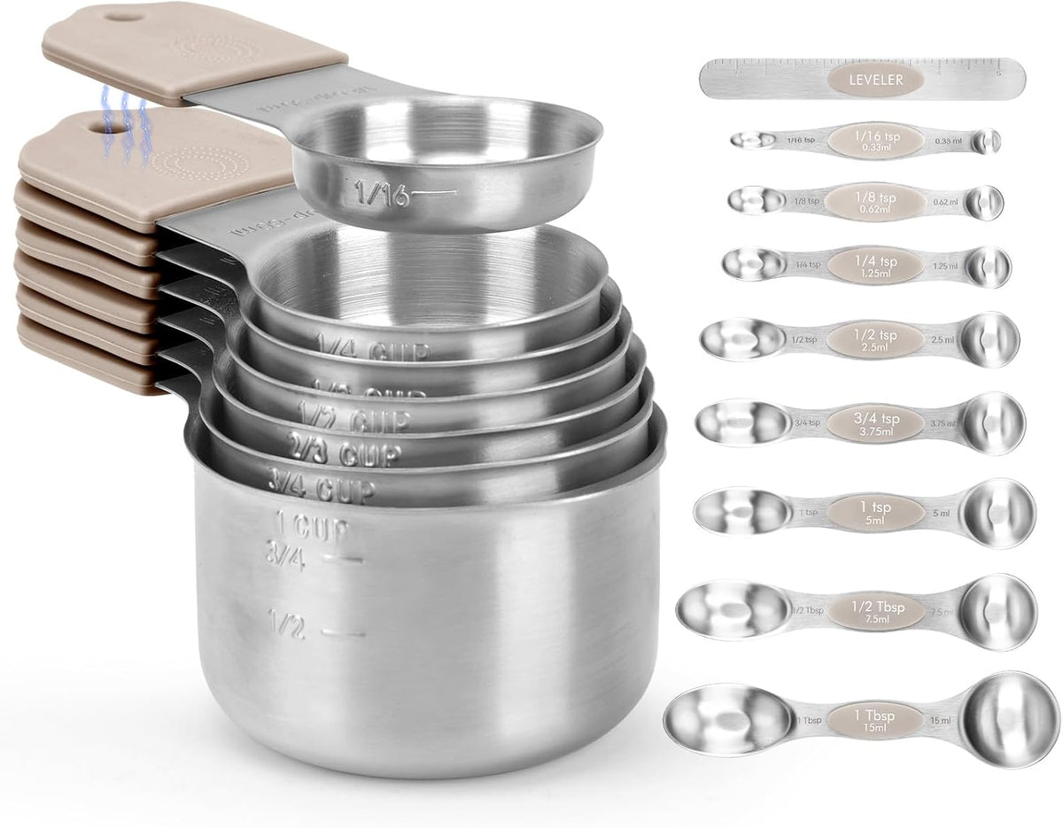HOUJIP Magnetic Measuring Cups and Spoons Set of 16 with 2-IN-1 Leveler