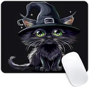 Square Mouse Pad Black Cat with Witch Hat for Halloween-1,Gaming Mouse Pads for Desk,Soft Computer Waterproof Non-Slip Mouse Mat
