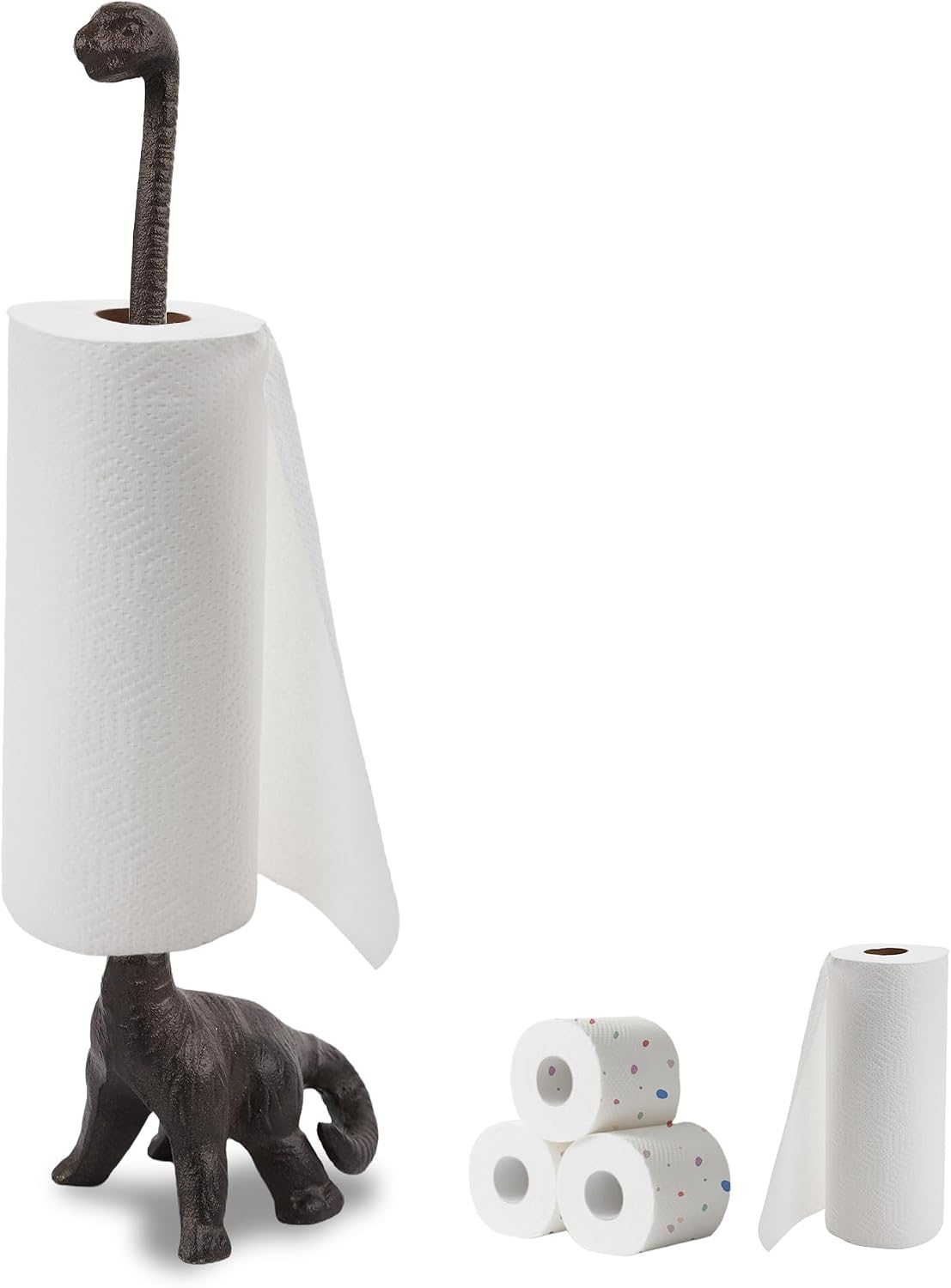 15" Dinosaur Paper Towel Holder for Bathroom & Kitchen - Cast Iron Free Standing Paper Roll Holder, Compact Decorative Toilet Paper Stand with Weighted Base (Brown)