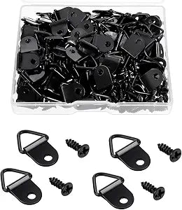 100 Pack Steel Picture Hangers with 100pcs 8mm Screws, Small Triangle Ring, Light Duty D Rings for Clock, Decoration, Mirror, Paintings, Artwork Picture Frame (Black)