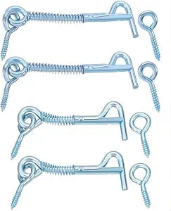 Zinc-Plated Hook and Eye Latch with Spring Lock  2.5" and 3" Safety Cabin Hooks for Doors, Gates, and Cabinets (4 Pack)