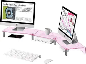 Pink Acrylic Dual Monitor Stand RiserAdjustable Length Angle for 2Monitors