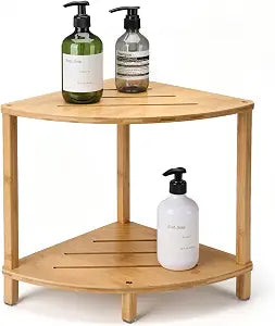 Bamboo Corner Stool for Inside Shower, 2-Tier Shower Waterproof Step Stool with Anti Slip Feet, Shower Foot Rest with Storage Shelf, for Inside Small Spaces