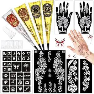 Temporary Stencils Tattoos Kit, 4 Pcs Tattoo Inks 3 Color (2 Black 1 Maroon 1 Cherry Red) with Gloves Brush Tool,DIY Body Art Skin Painting Designs for Women Men Kids Party Gifts