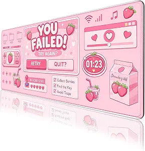 Cute Gamer Gaming Mouse Pad Strawberry Pink Kawaii Aesthetic Mousepad Extended Large Laptop Keyboard Non-Slip Rubber Base with Stitched Edges 31.5x11.8 Inch