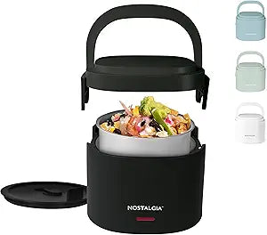 Nostalgia Portable 20-Ounce Electric Heated Lunch Box  Travel Size 2.5 Cup Capacity for Soup, Chili, and Leftovers  Leak Proof Silicone Sealed Lid, Foldable Carry Handle, Detachable Cord  Black