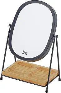 JOYOEIKON Tabletop 5x/1x Magnifying Makeup Mirror with Squared Bamboo Tray Small Desk Mirror 360 Rotation Vanity Mirror with Stand Desktop Cosmetic Mirror