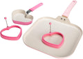 Paris Hilton Breakfast Ceramic Nonstick Cookware Set, Includes Square Griddle, Mini Heart Shaped Fry Pan and Two Silicone Heart Shaped Egg Rings, 4-Piece Set, Pink