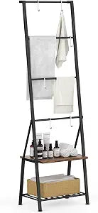 CADUKE Blanket Ladders for the Living Room, 6-Tier Rustic Blanket Rack Decorative Stand, Quilt Display Holder, Freestanding Towel Rack with Metal Frame, Wooden Shelf & 8 Hooks for Bedroom Bathroom