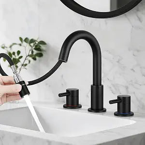 Pull-Down Bathroom Faucet 3 Hole 8 Inch with Pop-Up Drain Matte Black