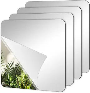 Jeffdad 4 Pack Self Adhesive Acrylic Mirror, 6 x 6 Inches Acrylic Mirror Tiles Flexible Plastic Sheets Wall Stickers 2mm Thick Mirror Frameless Small Mirror