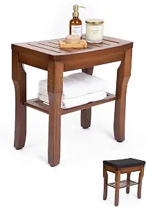 StrongTek Bamboo Shower Stool with Removable Cushion & Shelf, 350 lb