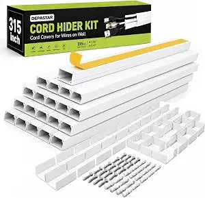 315 Cord Hider Kit, White Cable Raceway for Wall Mounted TV Wires, Paintable Wire Cover with Adhesive Tape, Screws and Connectors
