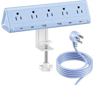 SMALLRT Blue Desk Clamp Power Strip with 6.5 FT Extension Cord, PD 40W USB-C Fast Charging Ports, 5 AC Outlets 4 USB-C 2 USB-A, Fits 2.1 inch Table Edges
