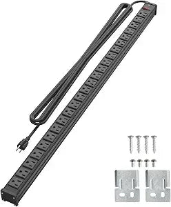 QBA 24 Outlet Metal Power Strip, Extra Long Heavy Duty Power Strip with 10FT Extension Cord, Mountable for Warehouse Garage Workench, ETL Listed, Black