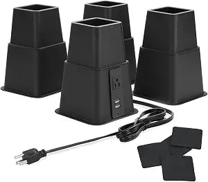 Heavy Duty Bed Risers with Power Outlet and USB, Adjustable 3, 5 or 8 Inch Bed Frame Lifts Raisers for Furniture, Bed, Sofa, College Dorm Twin, Supports up to 1500 lbs (Set of 4)