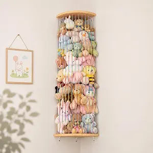 Corner Hammock Shelf with Adjustable Length, Wooden Hanging Wall Storage Organizer, Space Saving Net Shelf for Bedroom, Playroom and Home Dcor
