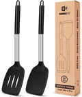 Pack of 2 Silicone Solid Turner, Non Stick Slotted Kitchen Spatulas, High Heat Resistant BPA Free Cooking Utensils, Ideal Cookware for Fish, Eggs, Pancakes(Black)