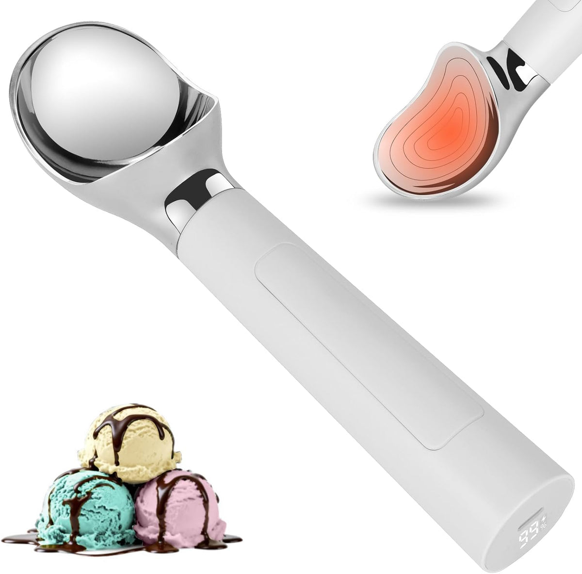Heated Ice Cream Scoop Rechargeable - Electric Ice Cream Scooper with LED Display, 158F Fast Warm-Up, IP67 Waterproof, Easy for Seniors & Kids to Use - Effortlessly Scoops Hard Ice Cream and More