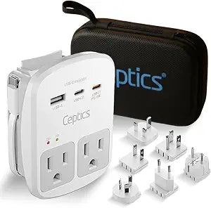 Ceptics 35W Universal Travel Adapter Kit  2 USA sockets, USB-A, USBC, 1x PD 35W USB-C and USBC Cable, Surge Protected, Plugs for EU, UK, China, AU, Japan - for Laptop, Phone, Camera-ETL Tested
