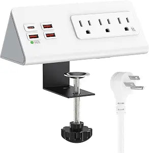 Nightstand Edge Power Strip with 3 AC Outlets and 4 USB Ports, 20W USB-C, 6.56 ft Flat Plug Cord, Desk Charging Station White