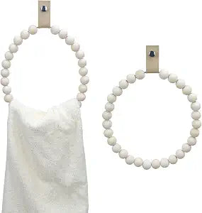 2PCS Towel Rack Handmade Wooden Bead Towel Ring Wall Mounted Farmhouse Hand Towel Holder for Bathroom Decor