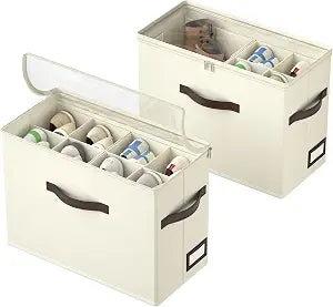 OIAHOMY 2 Pack Shoe Organizer for Closet, Foldable Shoe Storage Bins with Adjustable Dividers, Stackable Oxford Cloth Sneaker Boxes for Entryway Bedroom, Fits Up to 16 Pairs, Beige