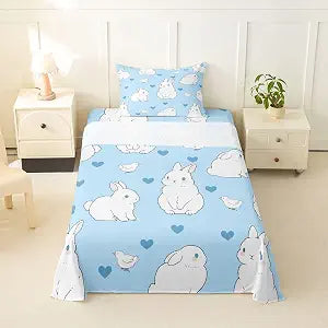 Feelyou Kids Rabbit Sheet Set Cute Rabbit Heart Bed Sheets for Boys Girls Watercolor Cartoon Wild Animal Decor Bed Set Blue Sheets Bedroom Collection 3Pcs Twin Size
