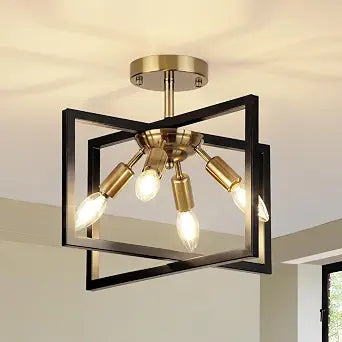 Modern Industrial Semi Flush Mount Ceiling Light Fixture, Black and Gold Candelabra Farmhouse 4-Light Lighting for Kitchen, Dining Room, Bedroom, Hallway, Living Room, Entryway, Foyer
