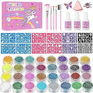 Temporary Glitter Tattoos Kit for Kids, 32 Colors, 165 Stencils, 3 Glue, 5 Brushes, 1 Powder Puff, Adults & Kids Arts Make Up Kit, Holiday Gifts for Girls & Boys