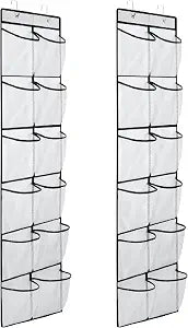 MSLOVE Narrow Over The Door Shoe Organizer, 12 Large Mesh Pockets Hanging Shoe Organizer for Closet Organizers and Storage, White, 2 Pack