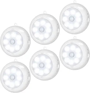 BLS Motion Sensor Light Indoor, Wireless LED Night Light, Under Cabinet Lighting, Battery Powered Puck Lights for Closet, Kitchen, Stairs, Wall, AA Battery Operated, Stick on, Dimmable, White, 6 Pack