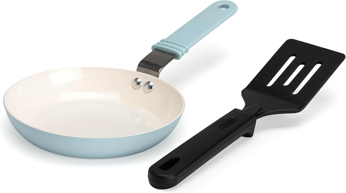 Tasty Ceramic Mini Fry Pan Set with Spatula, Nonstick Egg Pan, Mini Breakfast Skillet, Even Heating, Easy to Clean, Made without PFAS, PFOA, PFOS and PTFE, Dishwasher Safe, 5.5-Inch, Aqua