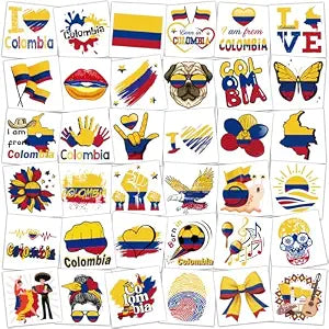 Qpout Colombia Flag Temporary Tattoos,72 PCS Pre-cut Individually Independence Day Flag Themed Fake Tattoo Stickers for Carnival Colombia Birthday Party Favors Supplies Decoration