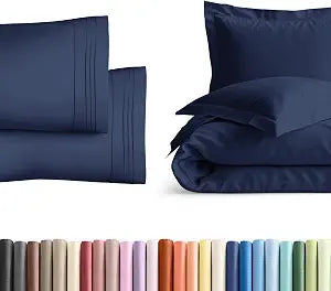 Duvet Cover Queen Size Set + 2 Pillowcases with Shams Bundle - Soft Queen Size Duvet Cover - Hotel Luxury, Easy Care & Fade Free w/ Zipper Closures & Ties - Comfy, Breathable Bedding Set (Navy Blue)