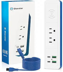 7-in-1 Wireless Fast Charge Power Strip with USB C, 2 USB-C Ports,2 AC Outlet,2 USB-A, Fast Charging Station for Nightstand Desktop Office Dorm,6 ft Ddetachable Extension Cord (Blue, 6 FT)