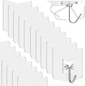 Clear Adhesive Wall Hooks No-Drill, Transparent Hooks 12 Pack