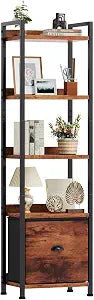DUMOS 5 Tier Bookshelf with Fabric Drawer, Display Standing Shelf, Brown