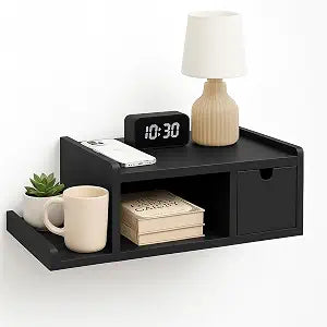 Floating Nightstand with Drawer & Open Shelf, Wall Mount, Black