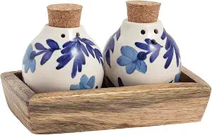 Mud Pie Wood Blue Salt and Pepper Shaker Set