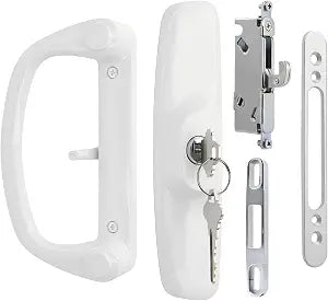 Aluminum Sliding Glass Patio Door Handle Set with Mortise Lock & Keys, Fits 1-1/4" to 2" Thick Doors 3-15/16" Hole Spacing, Adjustable Thumb Latch, Non-Handed, White