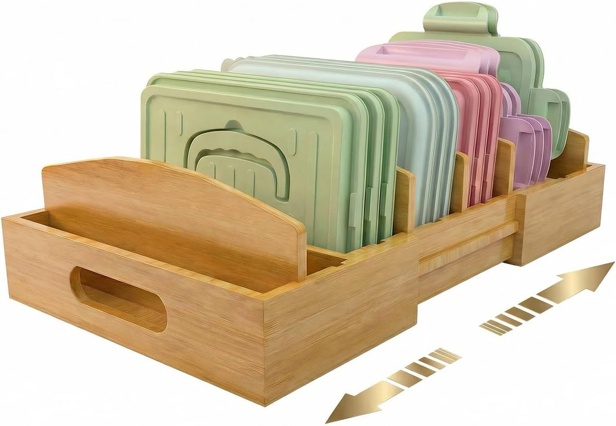 Lid Organizer for Cabinet - Bamboo Kitchen Storage for Plastic Lids, Adjustable Drawer Dividers, Food Container Organizer (Fits Cabinets & Drawers) (Large)