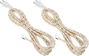 uxcell 6Ft 18/2 Twisted Cloth Covered Lamp Cord, 2pcs Vintage Fabric Electrical Wire with Plug Stripped Ends Ready for Extension Wiring DIY Repairing, Beige
