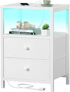 BOLUO White Nightstand with Charging Station, LED Night Stand with 2 Fabric Drawers, Bedside Table with USB Ports and Outlets, Nightstand for Bedroom Modern