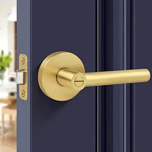 Brushed Gold Door Handles, Privacy Door Lever, Heavy Duty Door Handle,Thumb-Turn Locking Inside,Round Design Reversible Door Lock for Hallway or Bathroom-Satin Brass Finish