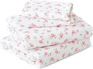 Queen Size Floral Bed Sheets Set, 4-Piece Bedding Set, Blossoms Light Pink